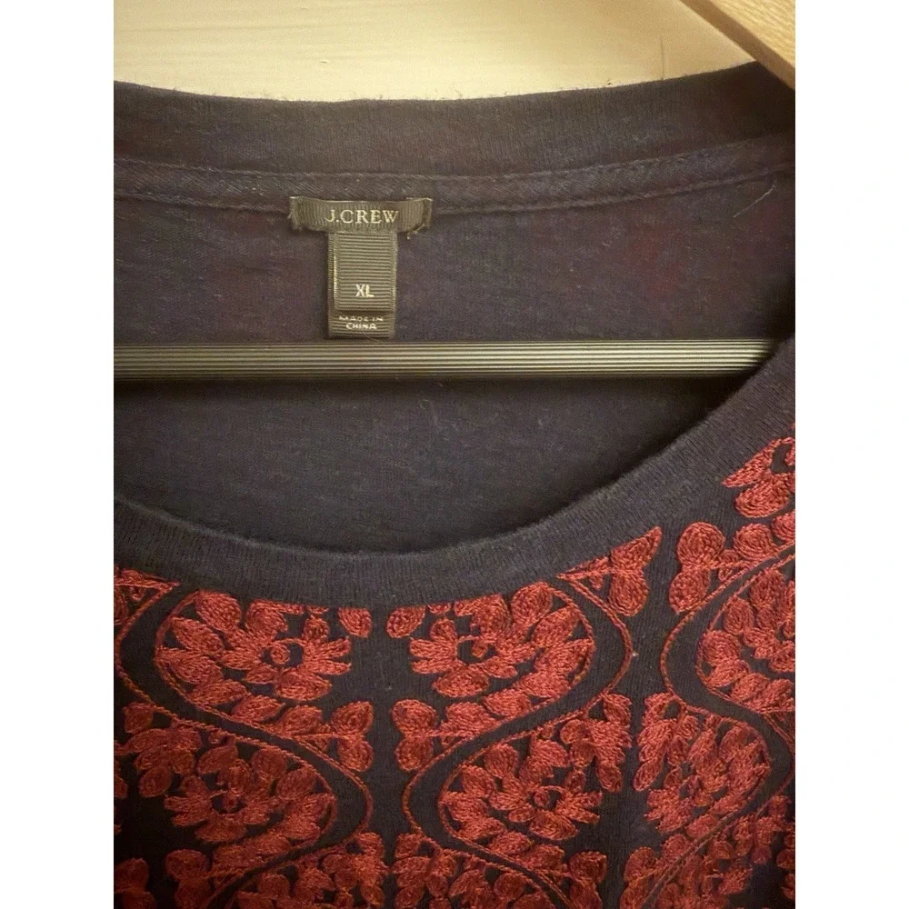 J.Crew Women's Navy Purple Embroidered Slim Fit ¾‎ Sleeve Tee Shirt Top Size XL
